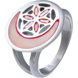 Bague acier - nacre - émail - fleur de vie - 15mm - nacre rosé - T50 à T64