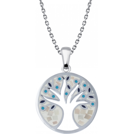 Collier acier - nacre - émail - arbre de vie - 25mm - longueur 45+5cm