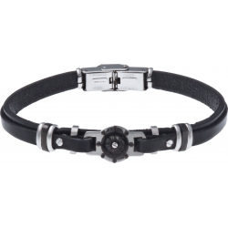 Bracelet acier - cuir noir italien - roue marine - composants acier noir - 21,5cm