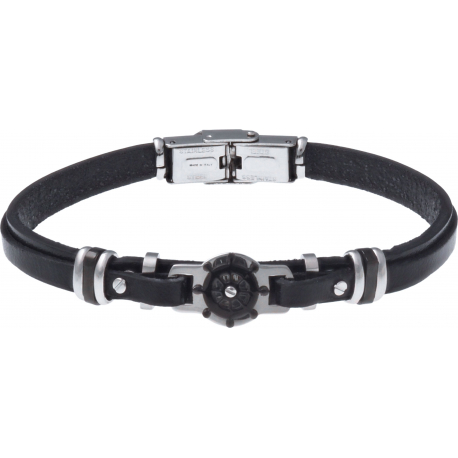 Bracelet acier - cuir noir italien - roue marine - composants acier noir - 21,5cm