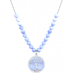 Collier acier - arbre de vie - calcedoine bleu - diamètre 18mm - longueur 40+7cm