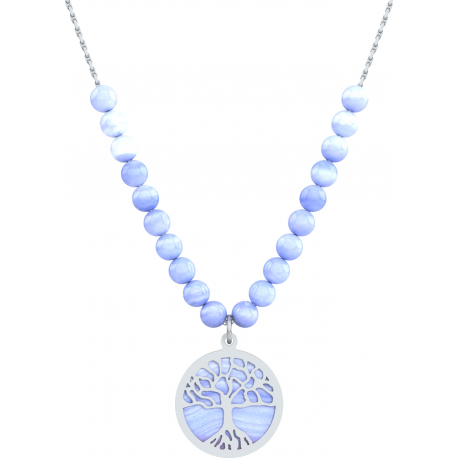 Collier acier - arbre de vie - calcedoine bleu - diamètre 18mm - longueur 40+7cm