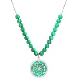 Collier acier - fleur de vie - malachite - diamètre 18mm - longueur 40+7cm