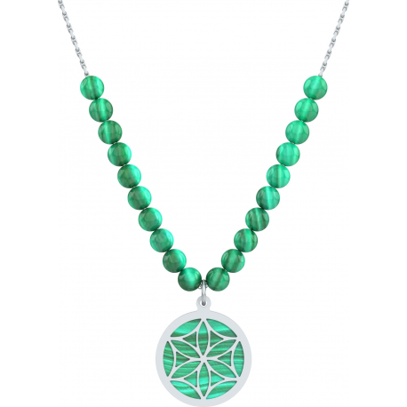 Collier acier - fleur de vie - malachite - diamètre 18mm - longueur 40+7cm