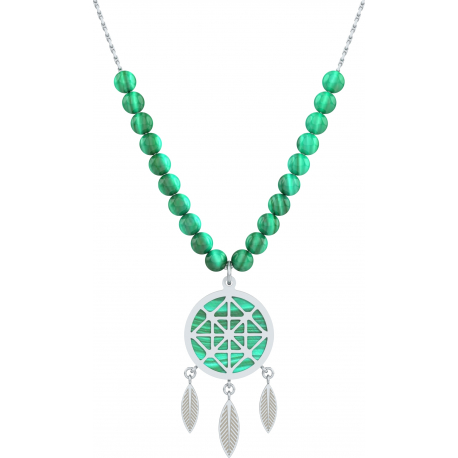 Collier acier - attrape-reves - malachite - diamètre 18mm - longueur 40+7cm