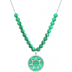 Collier acier - soleil - malachite - diamètre 18mm - longueur 40+7cm