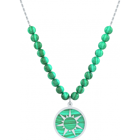 Collier acier - soleil - malachite - diamètre 18mm - longueur 40+7cm