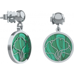 Boucles d'oreille acier -feuille ginkgo - malachite - diamètre 14mm