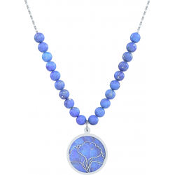 Collier acier - feuille ginkgo - lapis lazuli - diamètre 18mm - longueur 40+7cm