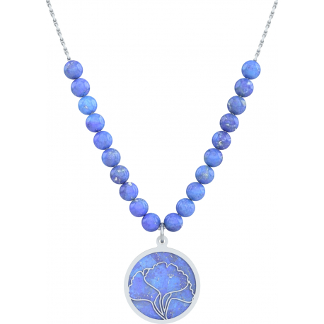 Collier acier - feuille ginkgo - lapis lazuli - diamètre 18mm - longueur 40+7cm