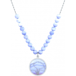 Collier acier - feuille ginkgo - cacledoine bleu - diamètre 18mm - longueur 40+7cm