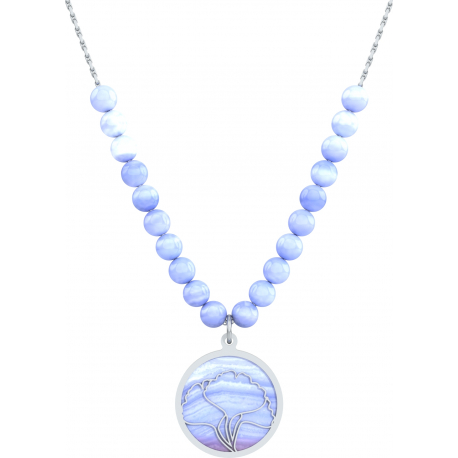 Collier acier - feuille ginkgo - cacledoine bleu - diamètre 18mm - longueur 40+7cm