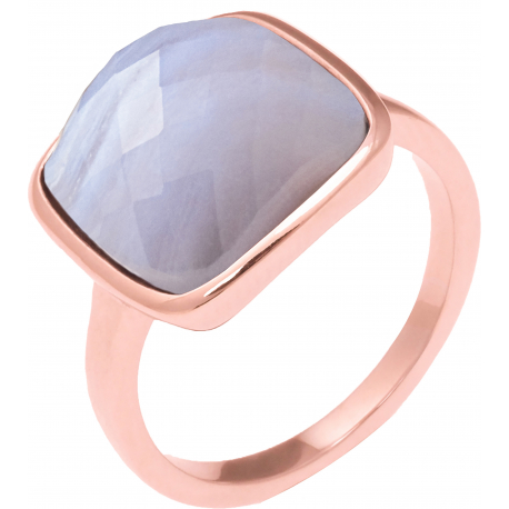 Bague acier rosé - coussin 12x12mm - blue lace agate facetté - T50 à T62