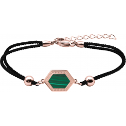 Bracelet acier rosé - coton noir - malachite - 16+4cm