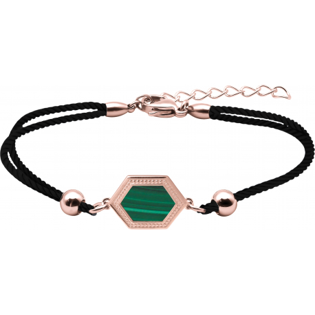 Bracelet acier rosé - coton noir - malachite - 16+4cm