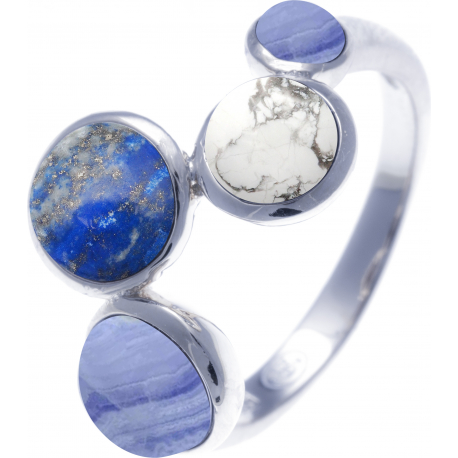 Bague acier - 4 cabochons blue lace agate - lapis  - howlite - blue lace agate - diamètre 5, 6, 7 et 6mm - T50 à T64