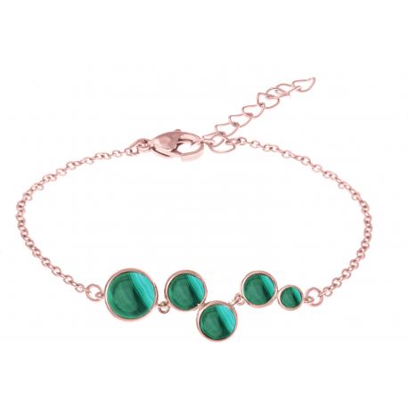 Bracelet acier rosé - 5 cabochons malachite - diamètre 9, 7, 7, 6 et 5mm - 16+4cm