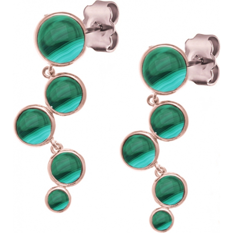 Boucles d'oreille acier rosé - 5 cabochons malachite - diamètre 9, 7, 7, 6 et 5mm