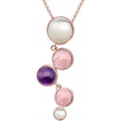 Collier acier rosé - 5 cabochons nacre - quartz rose - améthyste - quartz rose - nacre - diamètre 9, 7, 7, 6 et 5mm - 42+8cm