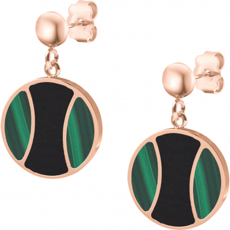 Boucles d'oreille acier rosé - malachite - onyx - diamètre 15mm