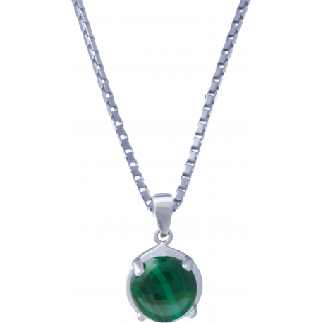 Collier argent rhodié 3,3g - rond 8mm cabochon - malachite - 40cm