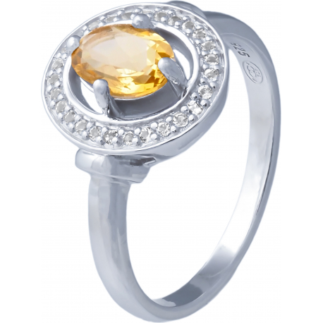 Bague argent rhodié 3,2g - oval 5x7mm facetté - citrine - 27 topazes blanche - Taille 50 à 64