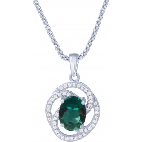 Collier argent rhodié 4,8g - oval 7x9mm facetté - quartz teinté vert - 44 topazes blanches - 45cm