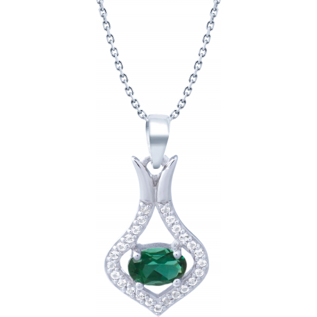 Collier argent rhodié 4,2g - oval 4x6mm facetté - quartz teinté vert - 25 topazes blanches - 38+5cm