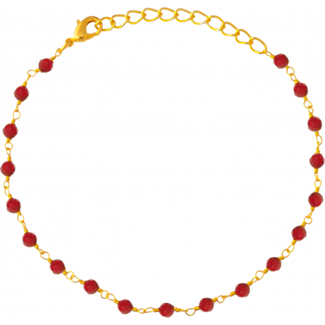 Bracelet plaqué or 3 microns - boules facettées rubis teinté 3-4mm - longueur : 16+4cm