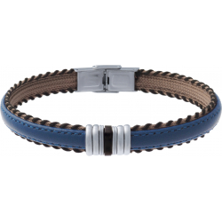 Bracelet acier - cuir bleu italien - 7 composants acier - réglable - 21,5cm