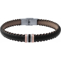 Bracelet acier - cuir noir italien - 7 composants acier - réglable - 21,5cm
