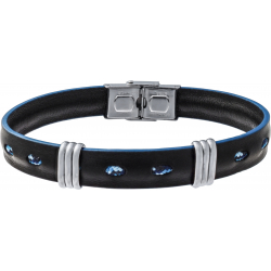 Bracelet acier - cuir noir et bleu italien - 6 composants acier - réglable - 21,5cm