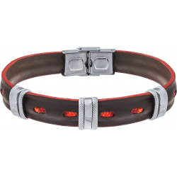 Bracelet acier - cuir marron et rouge italien - 9 composants acier - réglable - 21,5cm