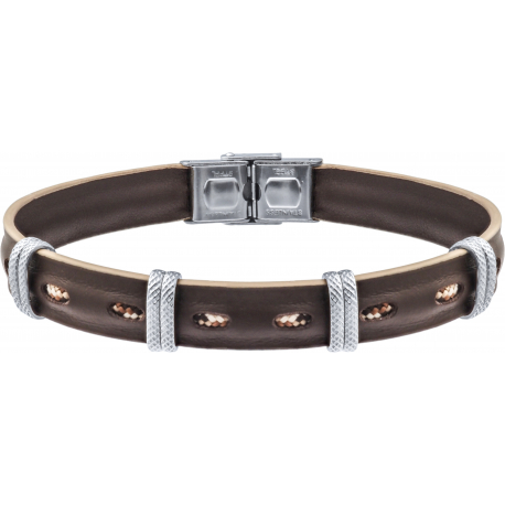 Bracelet acier - cuir marron clair et foncé italien - 8 composants acier - réglable - 21,5cm