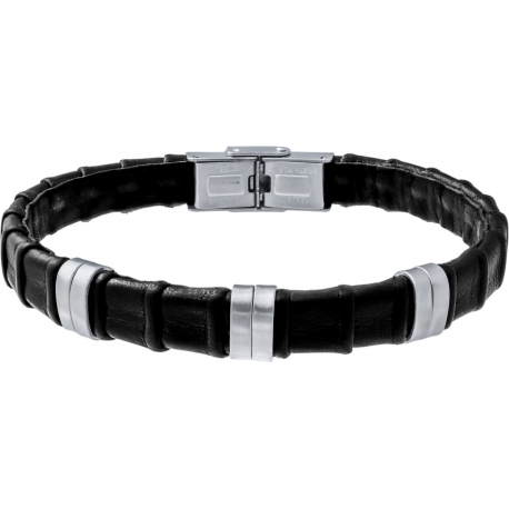 Bracelet acier - cuir noir italien - 6 composants acier - réglable - 21,5cm