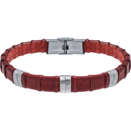 Bracelet acier - cuir rouge italien - 6 composants acier - réglable - 21,5cm