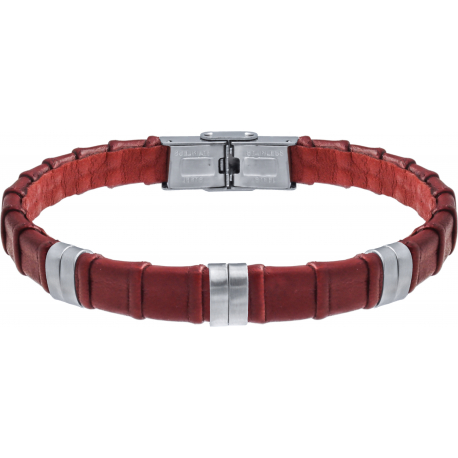 Bracelet acier - cuir rouge italien - 6 composants acier - réglable - 21,5cm