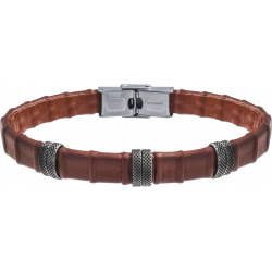 Bracelet acier - cuir marron italien - 6 composants acier - réglable - 21,5cm