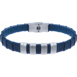 Bracelet acier - cuir bleu italien - 8 composants acier - réglable - 21,5cm