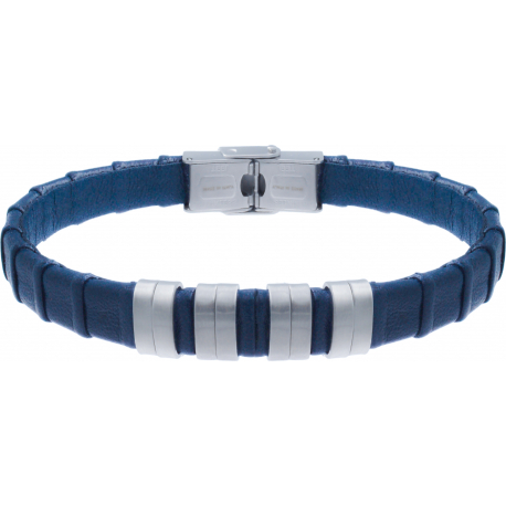 Bracelet acier - cuir bleu italien - 8 composants acier - réglable - 21,5cm