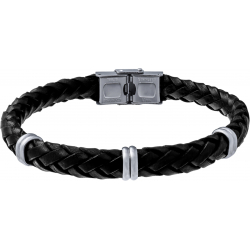 Bracelet acier - cuir noir italien - 6 composants acier - réglable - 21,5cm