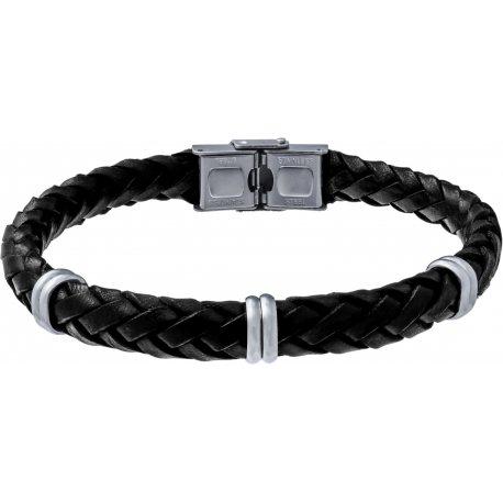 Bracelet acier - cuir noir italien - 6 composants acier - réglable - 21,5cm