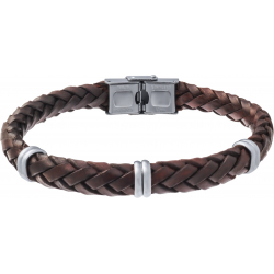 Bracelet acier - cuir marron italien - 6 composants acier - réglable - 21,5cm