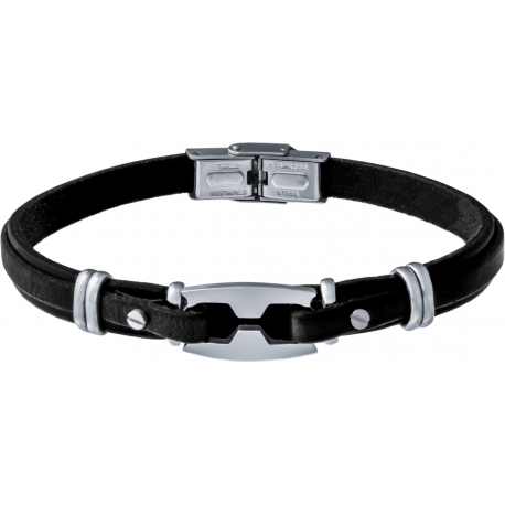 Bracelet acier - cuir noir italien - grain de café - réglable - 21,5cm