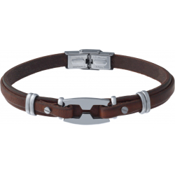 Bracelet acier - cuir marron italien - grain de café - réglable - 21,5cm