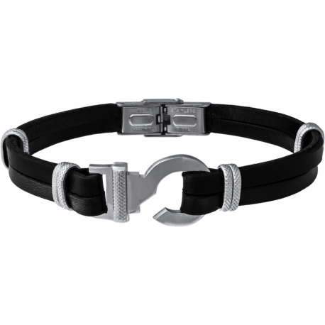 Bracelet acier - cuir noir italien - crochet - 2 rangs - réglable - 21,5cm