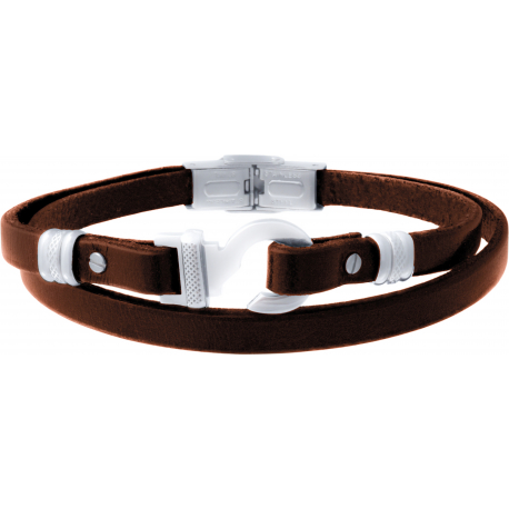 Bracelet acier - cuir marron italien - crochet - 2 rangs - réglable - 21,5cm
