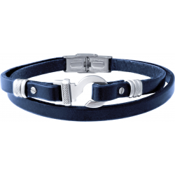 Bracelet acier - cuir bleu italien - crochet - 2 rangs - réglable - 21,5cm