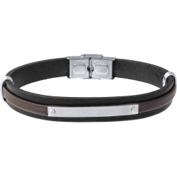 Bracelet acier - cuir noir et marron italien - plaque - réglable - 21,5cm