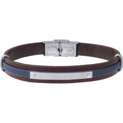 Bracelet acier - cuir marron et bleu italien - plaque - réglable - 21,5cm
